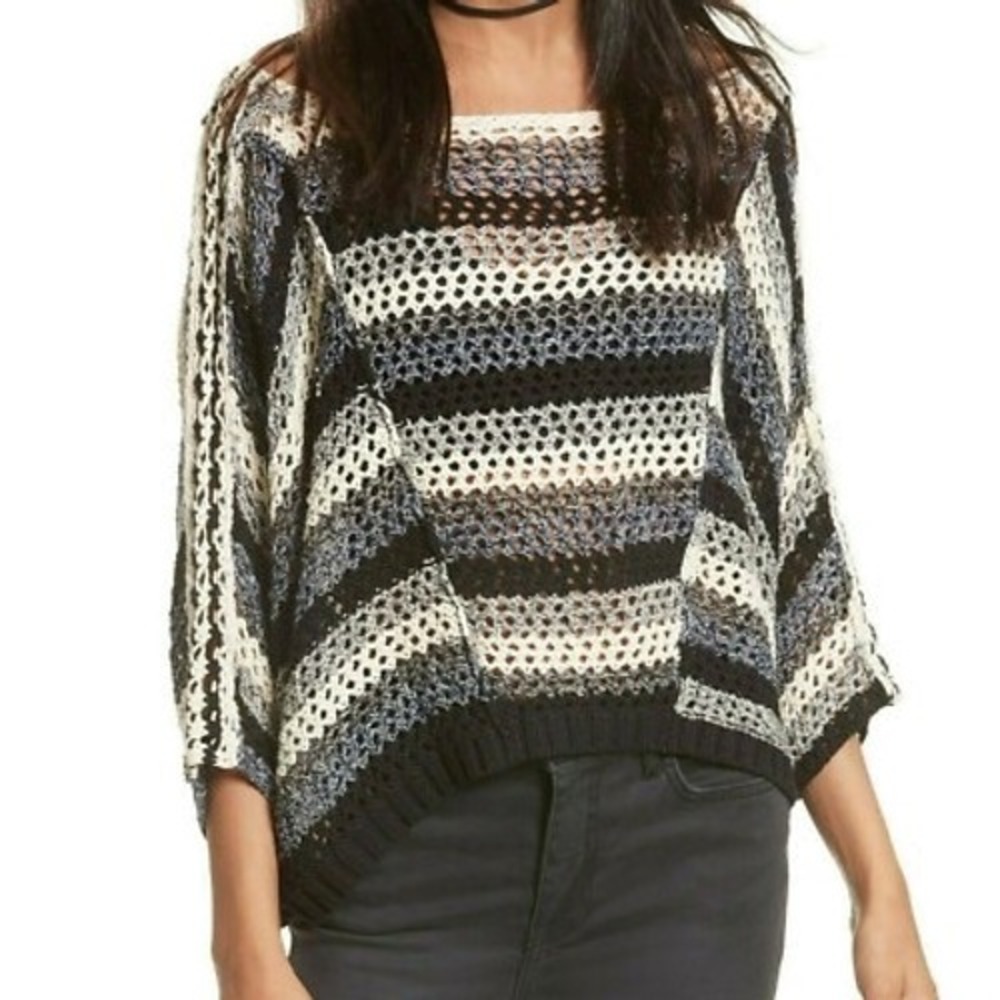 Free People Striped Open Knit Sweater‎ XS Black Blue White Boho Dolman Sleeve